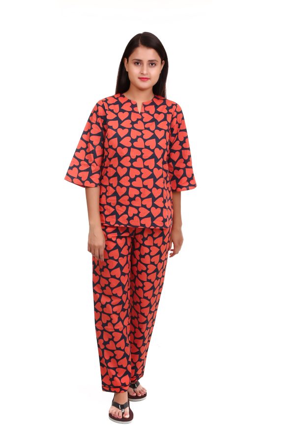 Heart Print V Neck Night Suit For Women's