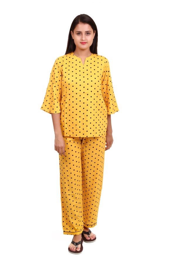 Yellow Dot V Neck Print Night Suit For Women's
