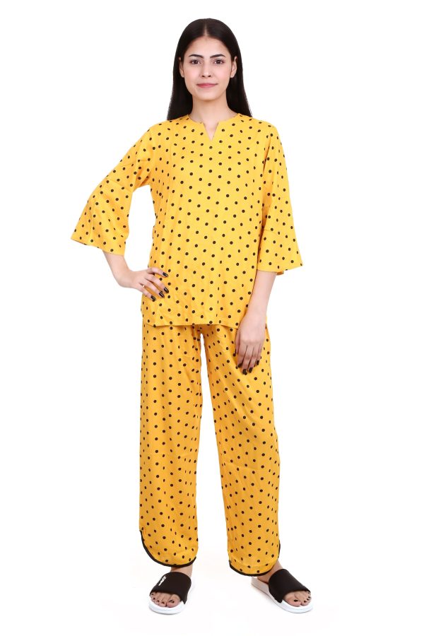 Yellow Dot Print V Neck And V Cut Pajama Night Suit For Women's