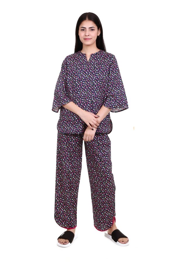 Flower Print V Neck And V Cut Pajama Night Suit For Women's