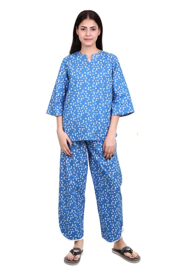 Flower Print V Neck And V Cut Pajama Night Suit For Women's