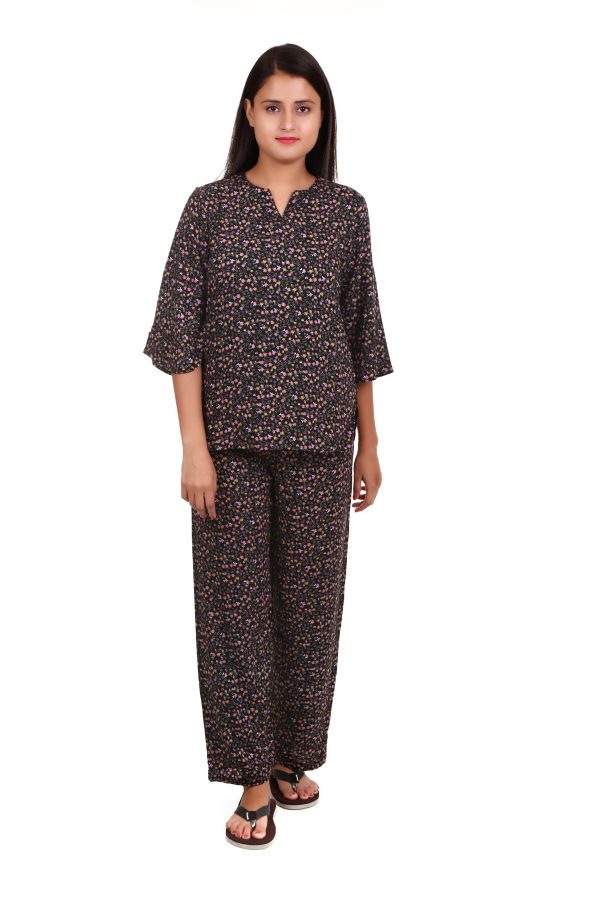 Black V Neck Flower Print Night Suit For Females
