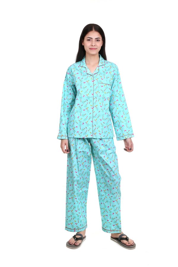 Pink Flamingo Print Long Sleeves Night Suit For Women's