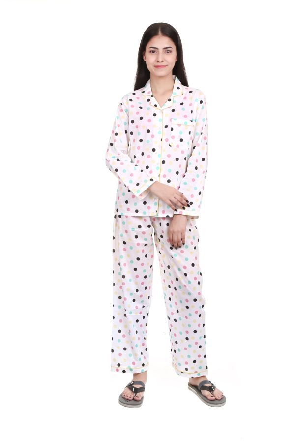 Multi Small Dot Long Sleeves Night Suit For Women's
