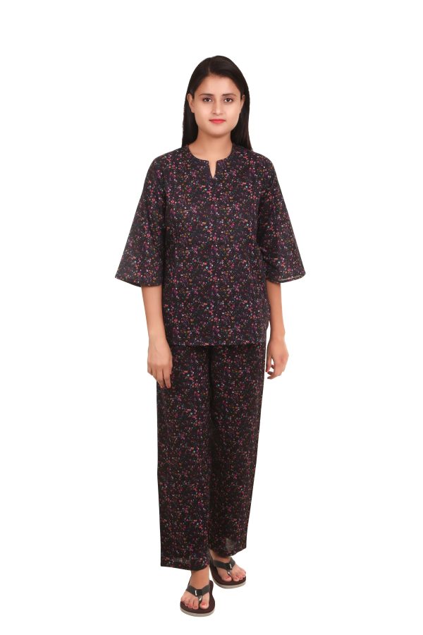 Black V Neck Small Flower Print Night Suit For Females