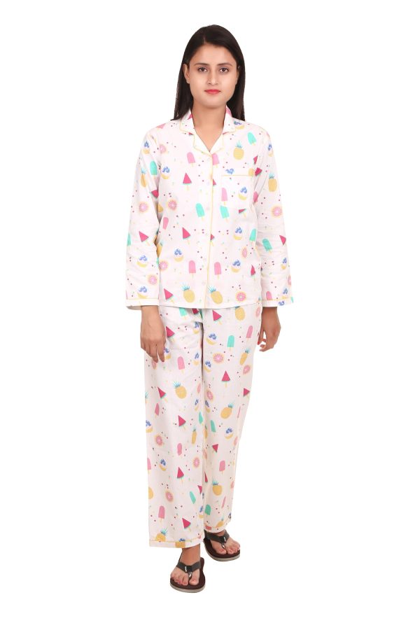 Ice Cream Print Long Sleeves Night Suit For Women's