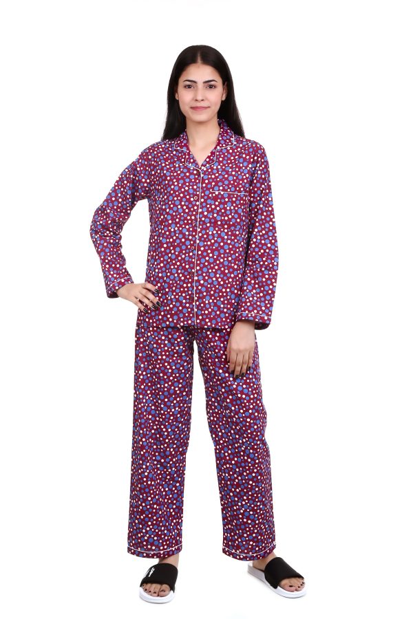 Multi Dots Print Long Sleeves Night Suit For Women's