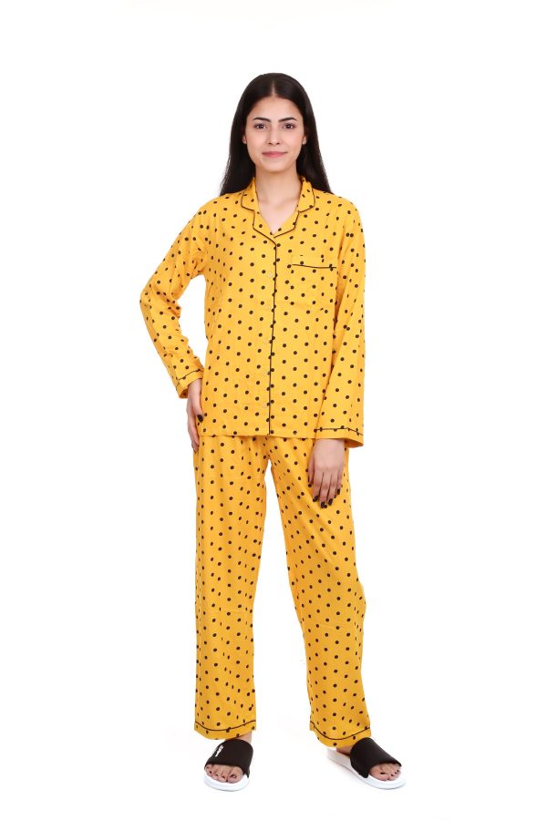 Yellow Dot Print Long Sleeves Night Suit For Women's