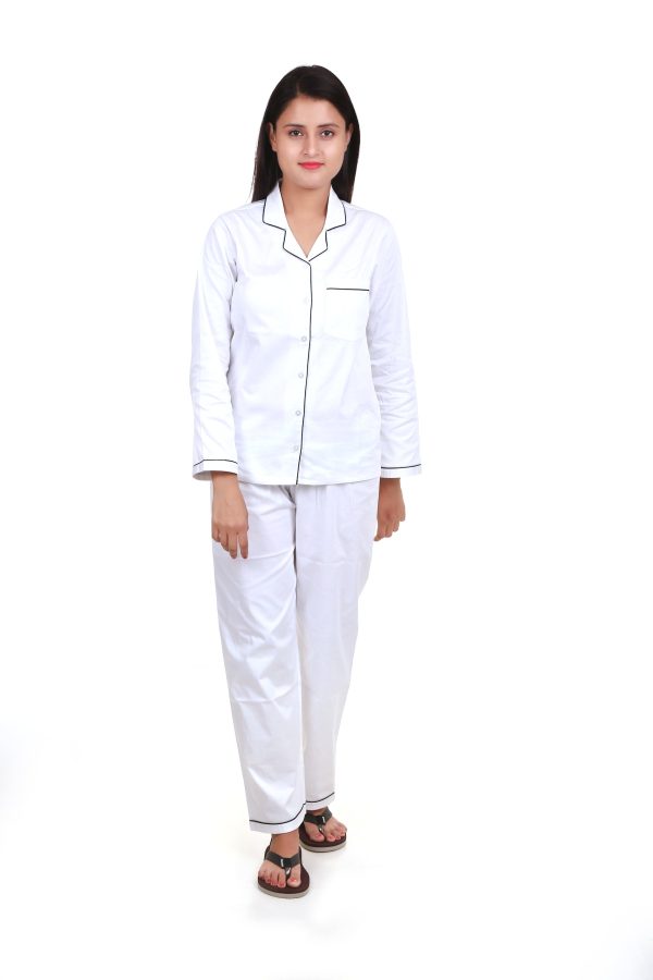 White Color Long Sleeves Cotton Satin Night Suit For Females
