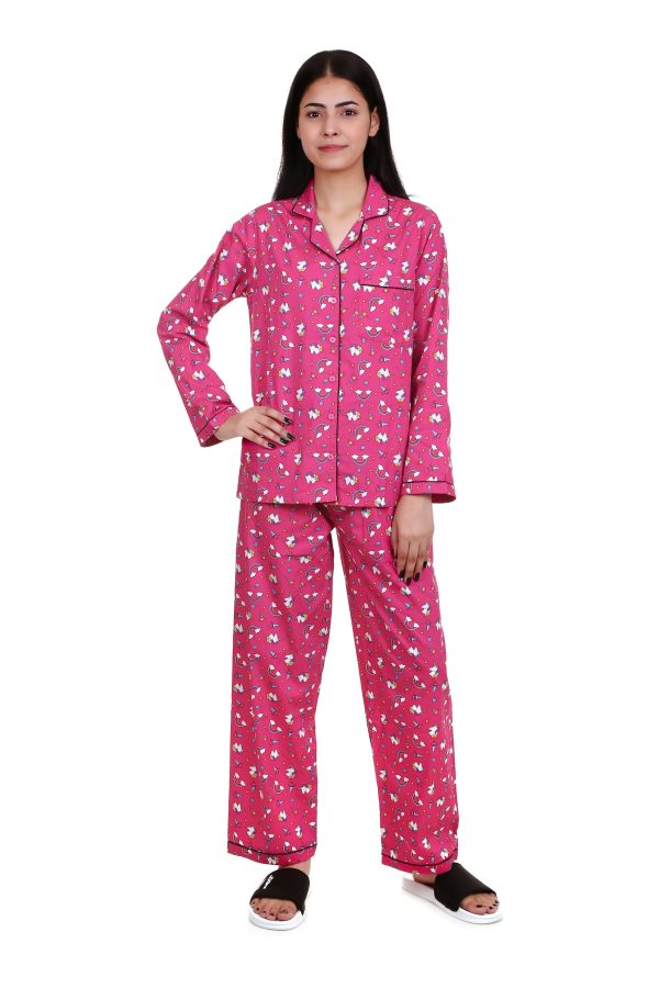 Pink Unicorn Long Sleeves Night Suit For Women's