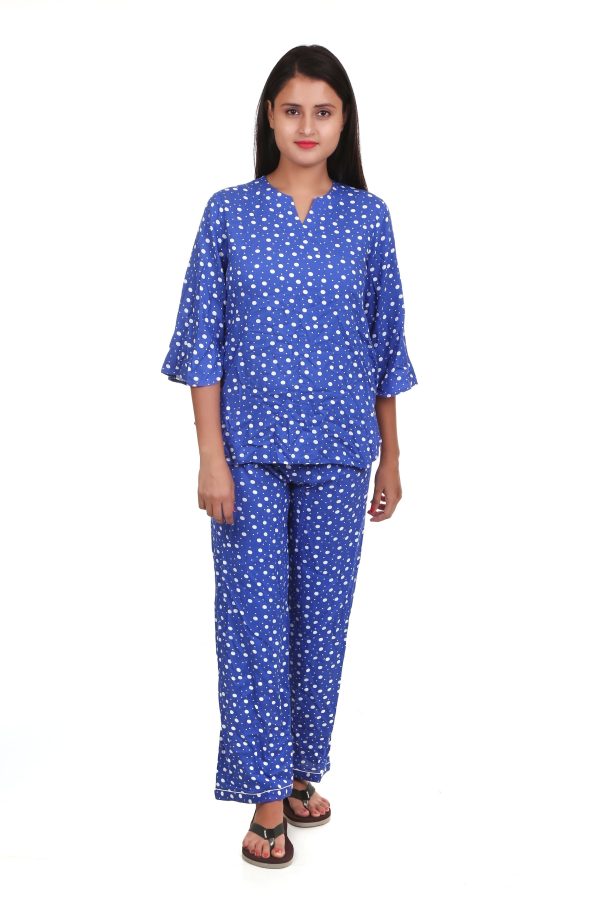 Blue Dot print V Neck Women's Night Suit