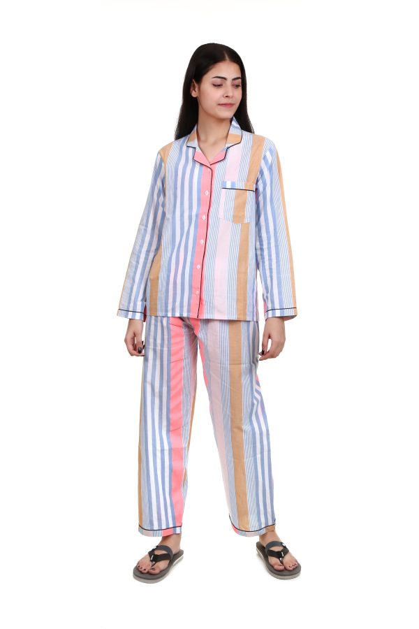 Multi Color Striped Print Long Sleeves Night Suit For Women's