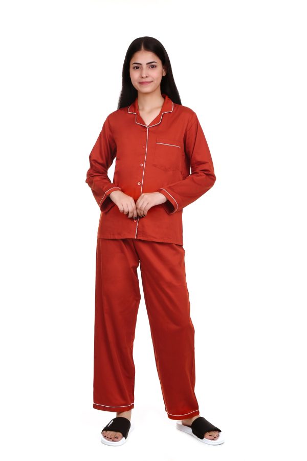 Glaze Red Long Sleeves Cotton Satin Night Suit For Women's