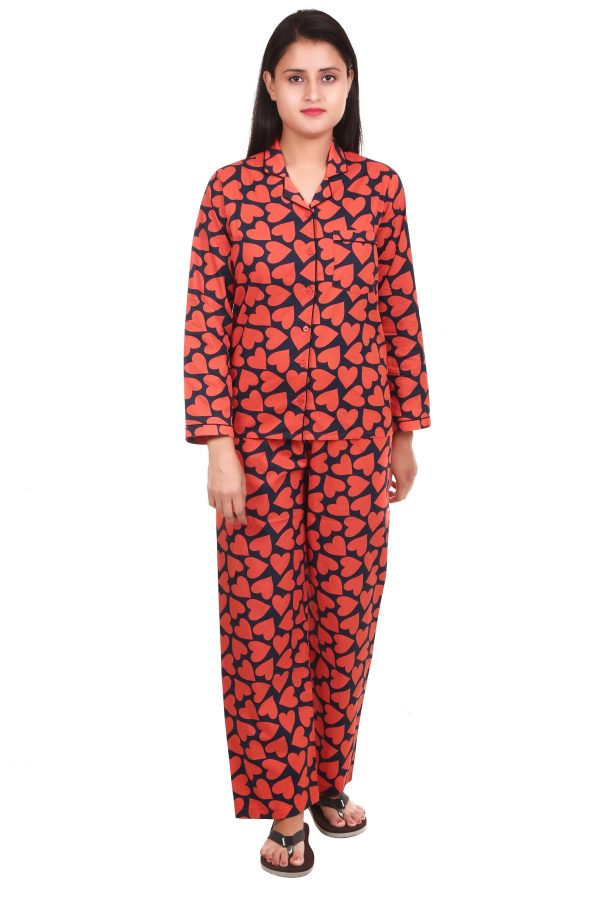 Heart Shape Print Long Sleeves Night Suit For Women's