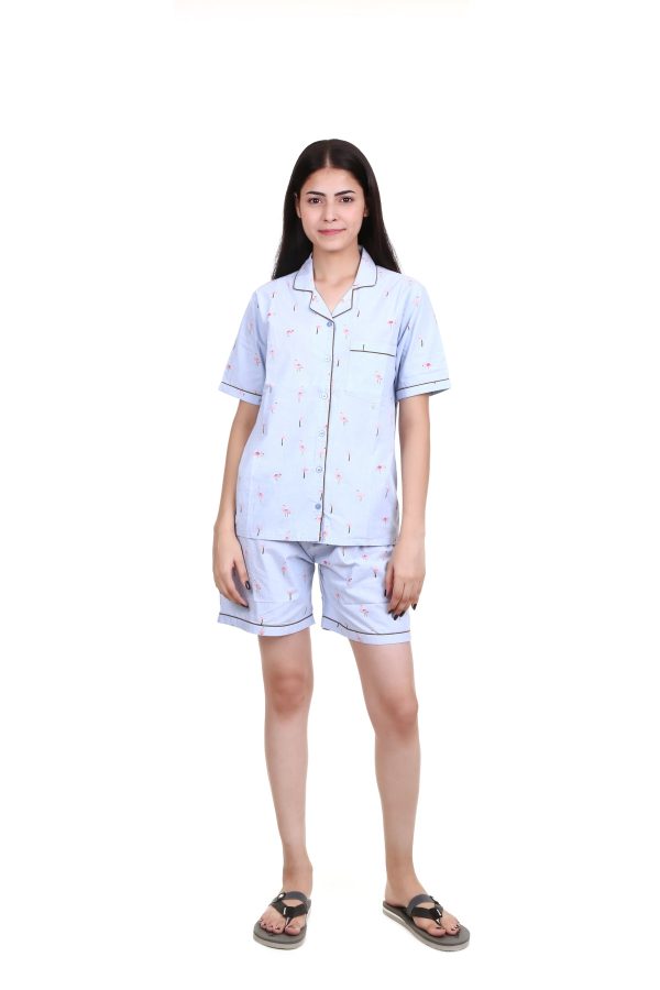 Blue Flamingo Print Short Set