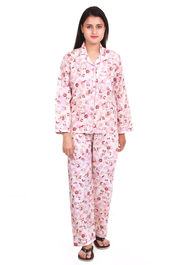 Flower Print Cotton Satin Night Suit For Women's