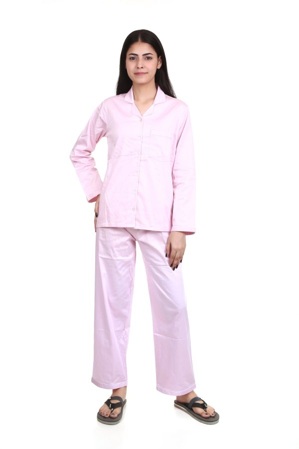 Pink Color Long Sleeves Cotton Satin Night Suit For Women's