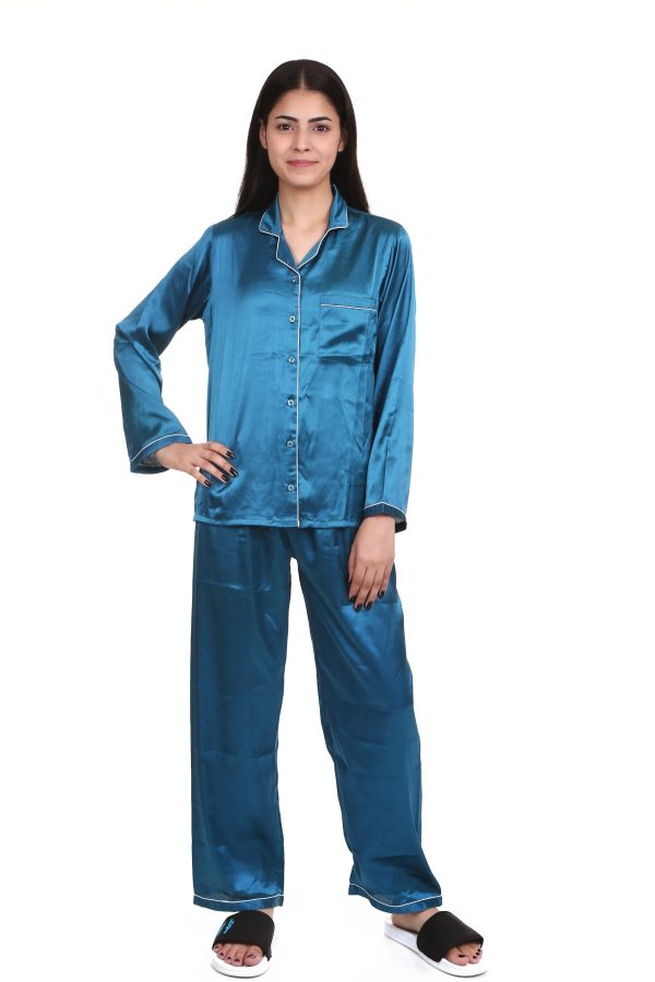 Marine Blue Satin Night Suit For Women's