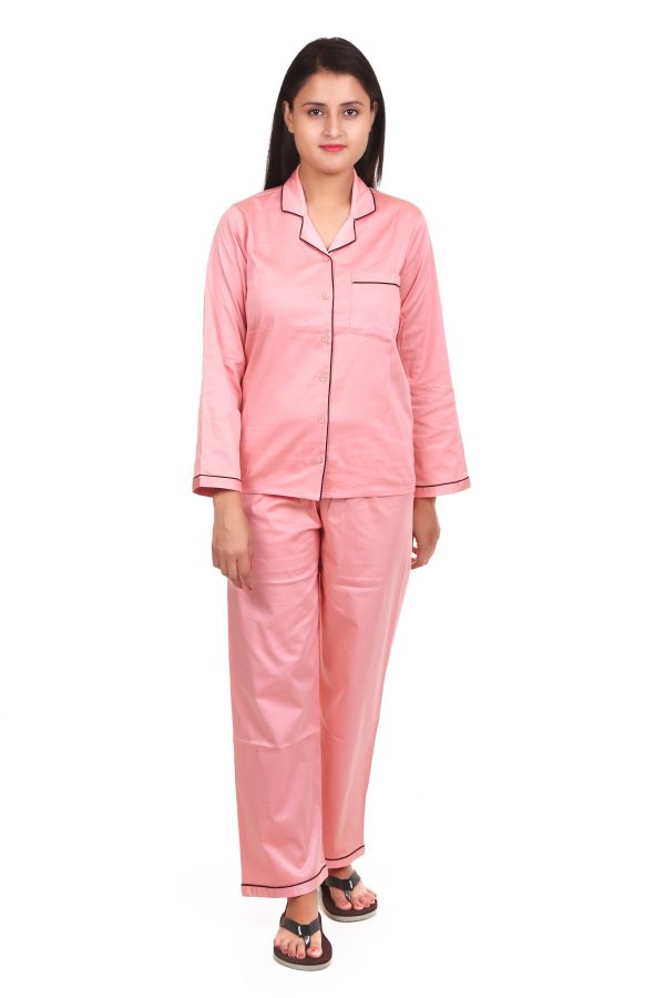 Plain Orange Long Sleeves Cotton Satin Night Suit For Women's