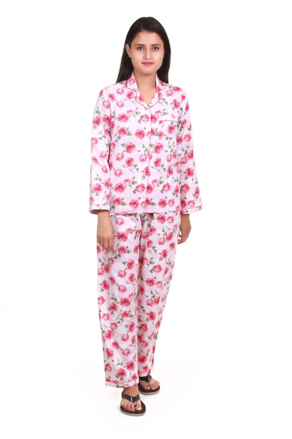 Flower Print  Long Sleeves Cotton Flannel Night Suit For Women's