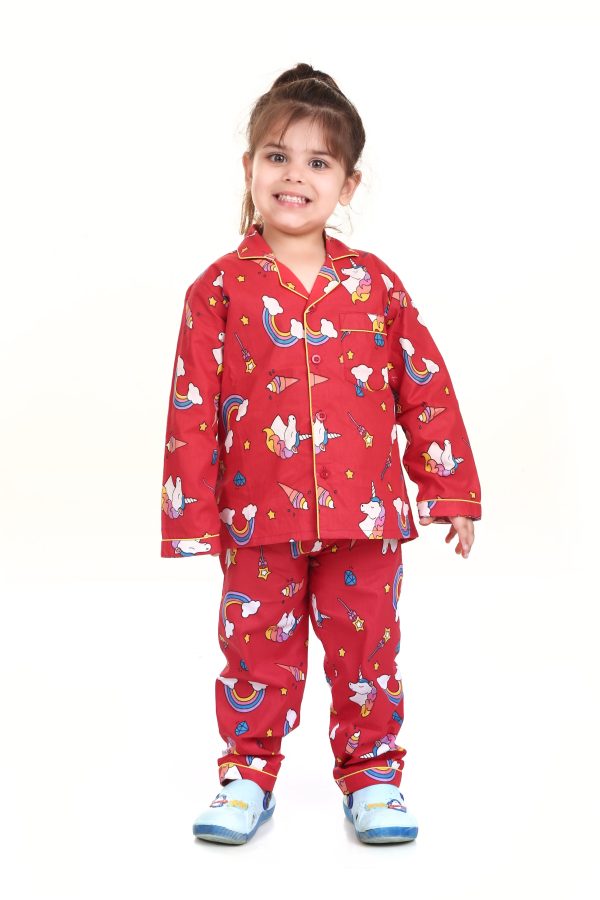 Red Unicorn Print Night Suit for Girl's