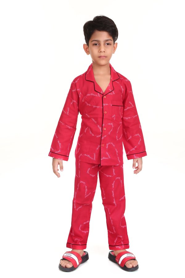 Red Heart Print Cotton Flannel Night Suit for Boy's