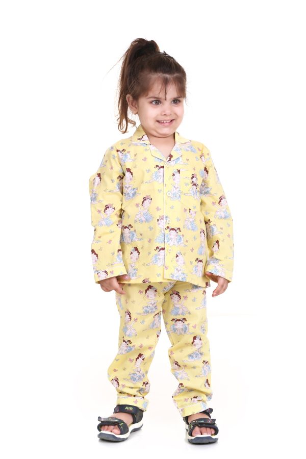 Yellow Princess Print Night Suit for Girls.