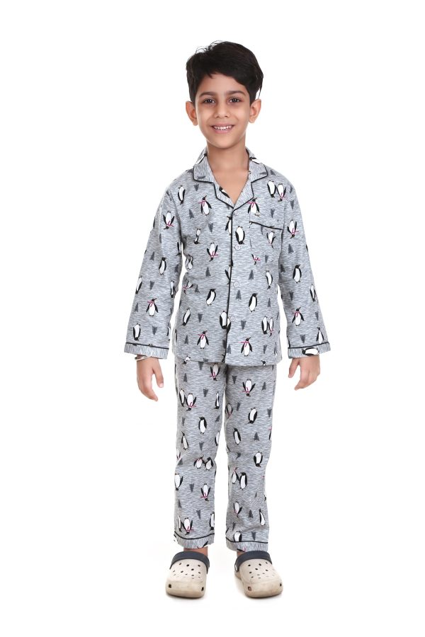 Penguin Print Cotton Flannel Night Suit For Boy's