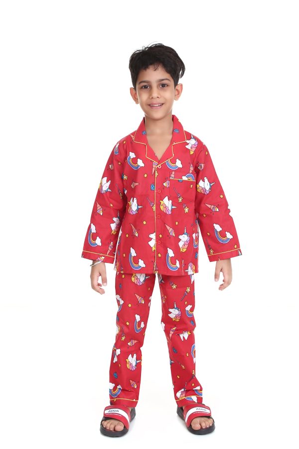 Red Unicorn Print Night Suit for Boy's