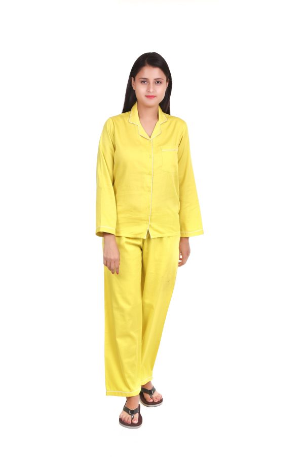 Yellow Long Sleeves Cotton Satin Night Suit For Women's
