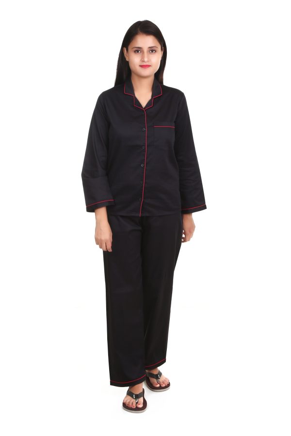 Black Long Sleeves Cotton Satin Night Suit with Red Piping For Women's
