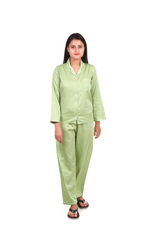Green Long Sleeves Cotton Satin Night Suit For Women's