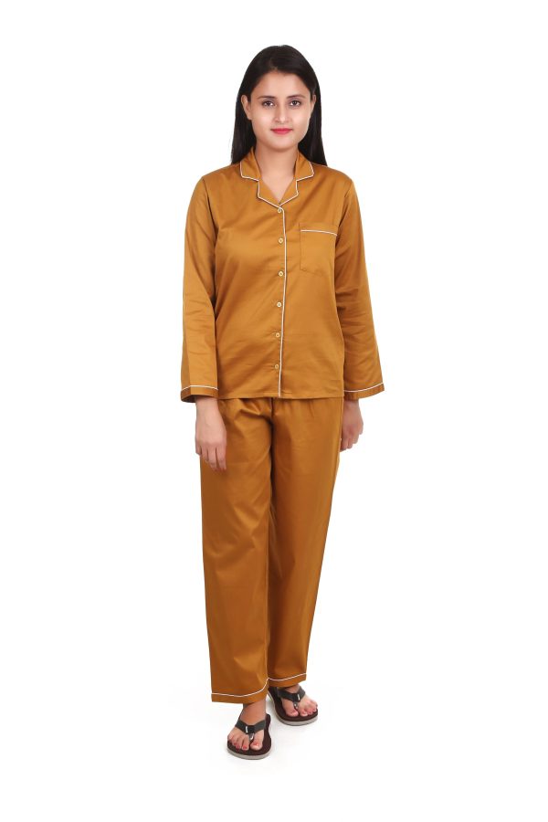 Spanish Yellow Long Sleeves Cotton Satin Night Suit For Women's