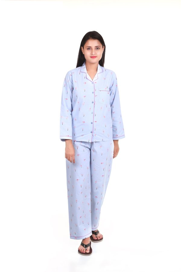 Blue Flamingo Print Long Sleeves Night Suit For Women's