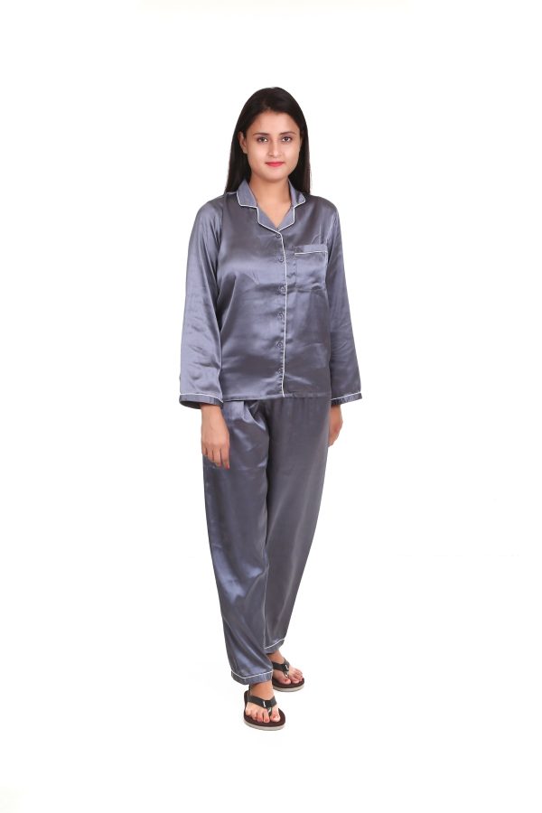 Grey Long Sleeves Satin Night Suit For Women's