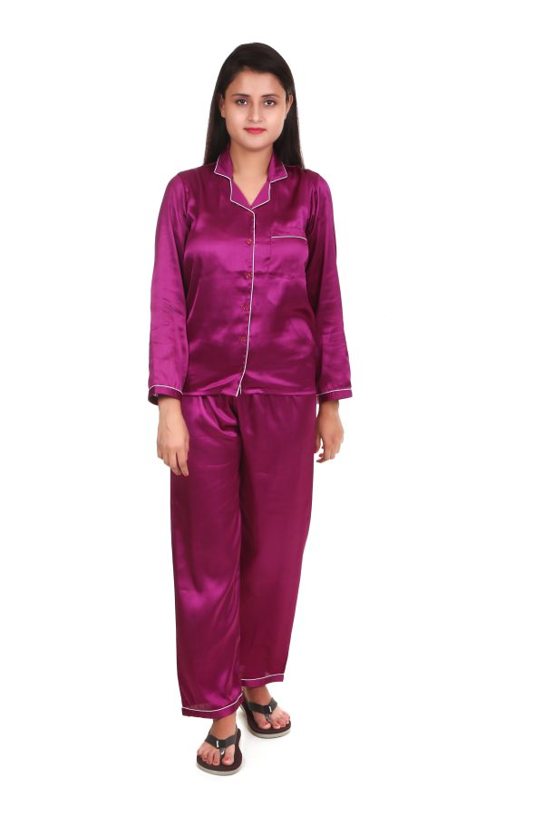 Royal Purple Long Sleeves Satin Night Suit For Women's