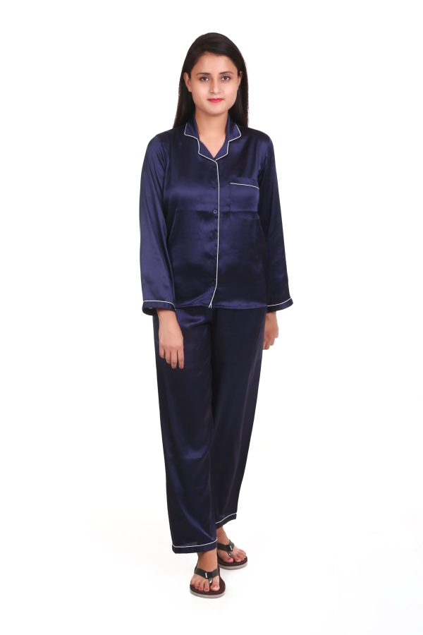 Navy Blue Long Sleeves Satin Night Suit For Women's