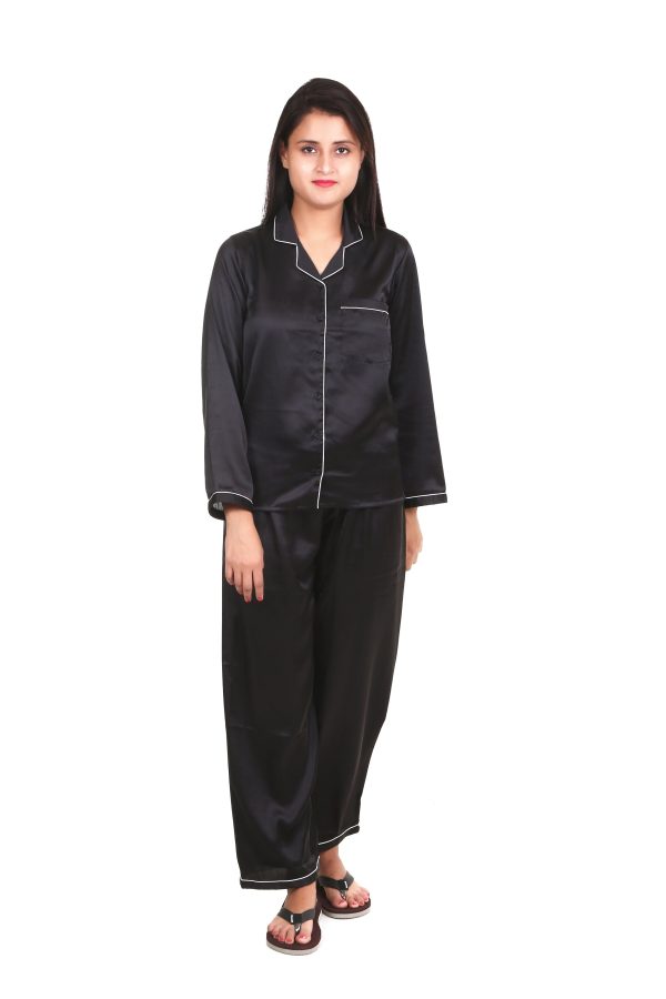 Black Long Sleeves Satin Night Suit For Women's