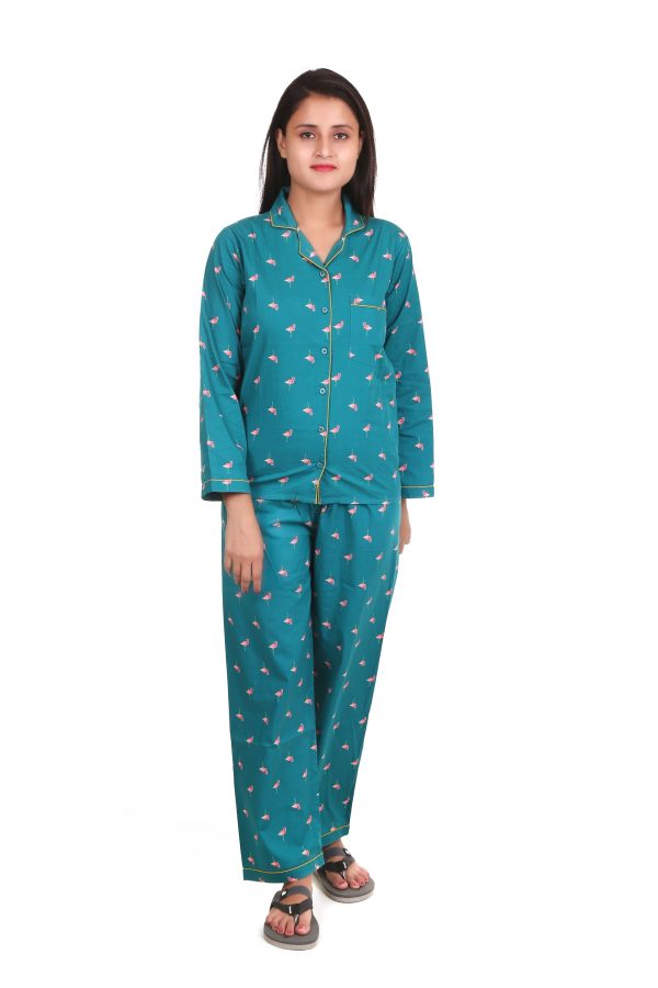 Flamingo Print Long Sleeves Night Suit For Women's