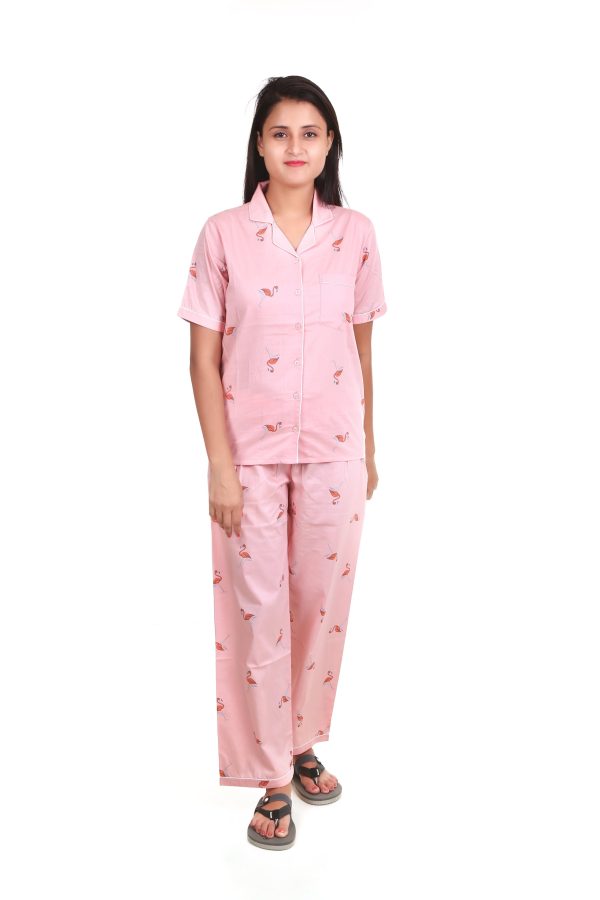 Flamingo Print Half Sleeves Night Suit For Women's