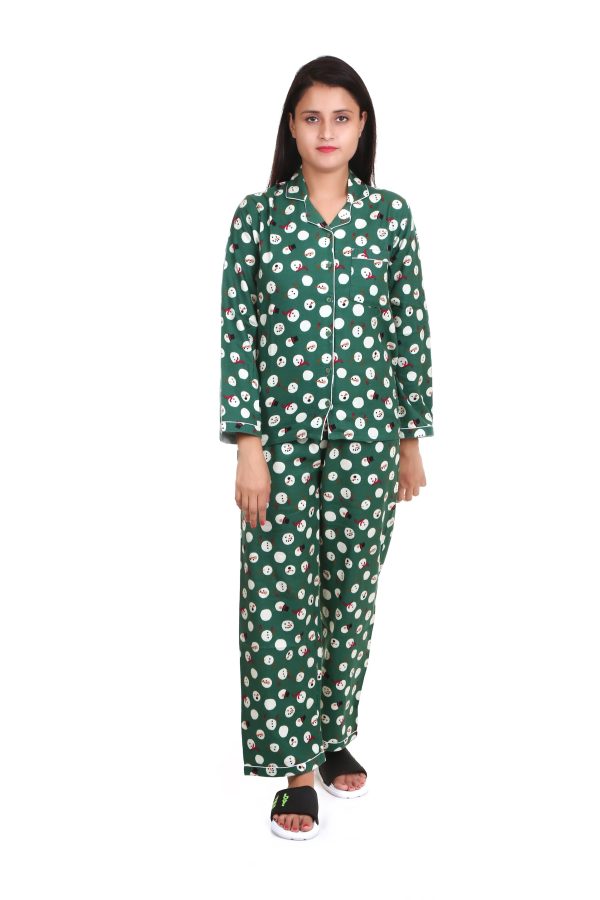 Smiley Print Long Sleeves Cotton Flannel Night Suit For Women's