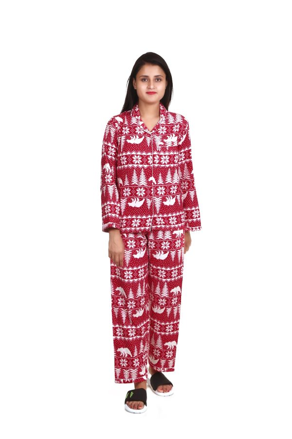 Polar Bear Print Long Sleeves Cotton Flannel Night Suit For Women's