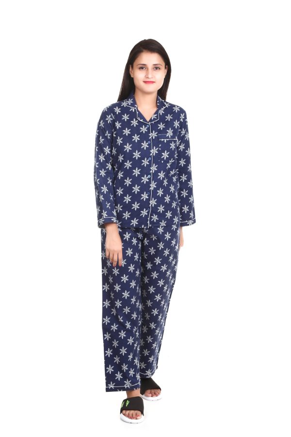 Flower Print Long Sleeves Cotton Flannel Night Suit For Women's