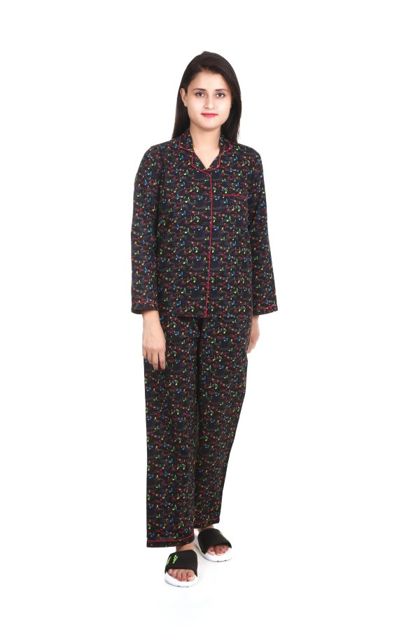 Musical Print Long Sleeves Cotton Night Suit For Women's
