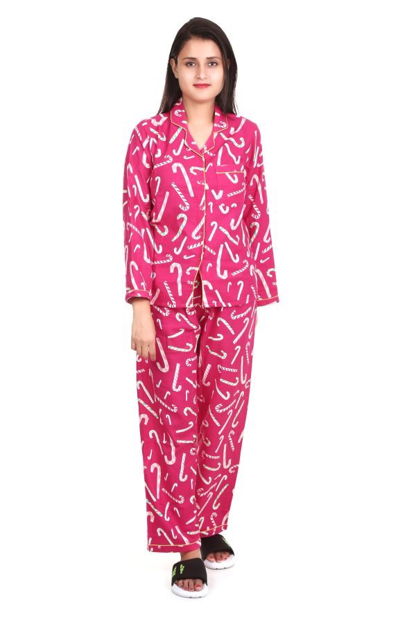 Big Candy Print Long Sleeves Cotton Flannel Night Suit For Women's