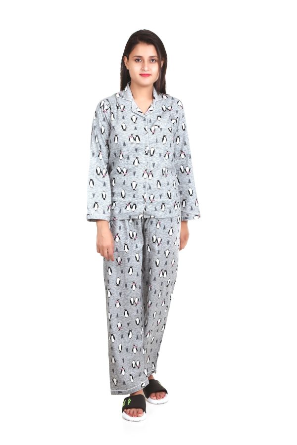 Penguin Print Long Sleeves Cotton Flannel Night Suit For Women's