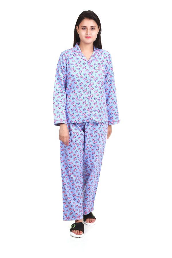 Flower Print Long Sleeves Cotton Flannel Night Suit For Women's