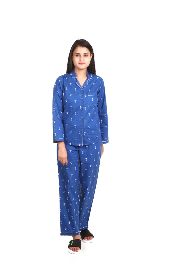 Anchor Print Long Sleeves Night Suit For Women's