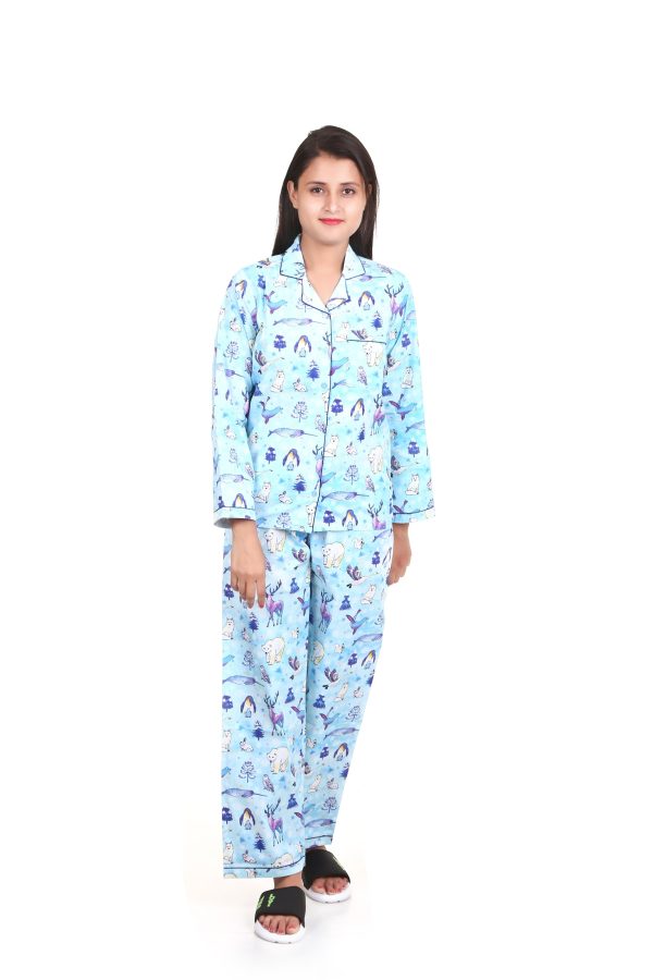 Animal Print Long Sleeves Night Suit For Women's