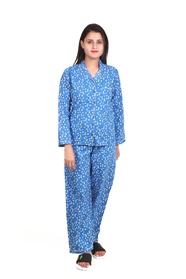 Blue Flower Print Long Sleeves Night Suit For Women's